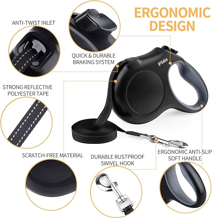 Fida Retractable Dog Leash with Dispenser and Poop Bags, 10 ft Pet Walking Leash for X-Small Dog or Cat up to 18 lbs, Anti-Slip Handle, Tangle Free, Reflective Nylon Tape (XS, Black)