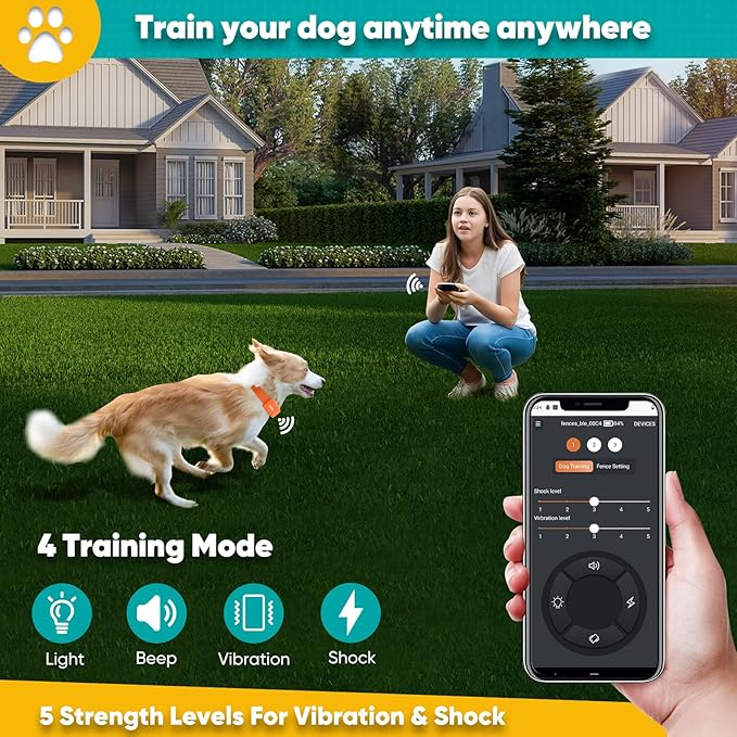 GPS Wireless Dog Fence with Free App, Electric Fence System with Training Collar, Portable Fence for Outdoor Use, Rechargeable Waterproof Flexiable Collar, Adjustable for Large Medium Dogs
