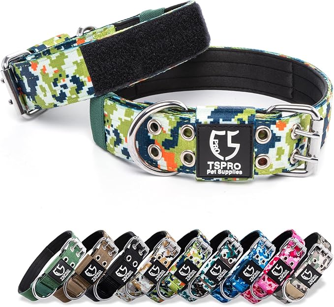 TSPRO Tactical Dog Collar, Adjustable, with Patch & Double Needle Metal Buckle, Heavy Duty for Medium to Large Dogs, Durable for Walking, Running, Hiking & Training (Camo Green M+)