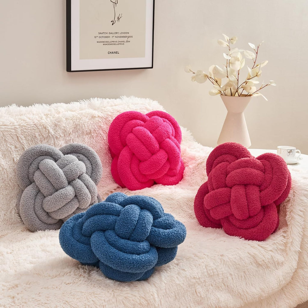 Xiashrk Knot Pillow Ball, 12" Soft Decorative Throw Pillows for Couch Bed, Rose Red Knotted Plush Throw Pillow Handmade Square Cushion Home Couch Decor Pillows for Living Room