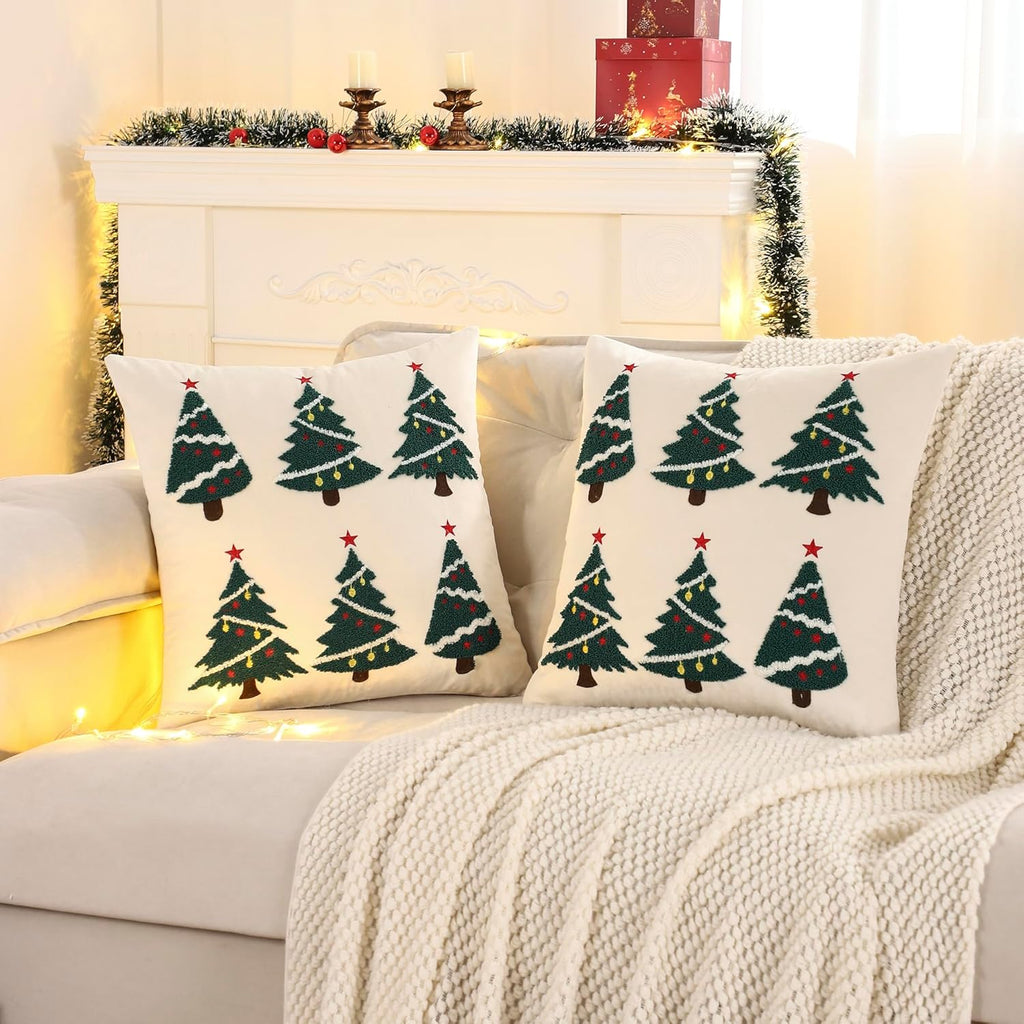 LUOYEHK Christmas Pillow Covers 18x18 Set of 2 Christmas Tree Decorative Beige Pillow Cases Winter Holiday Velvet Embroidered Cushion Covers for Couch Sofa Bed