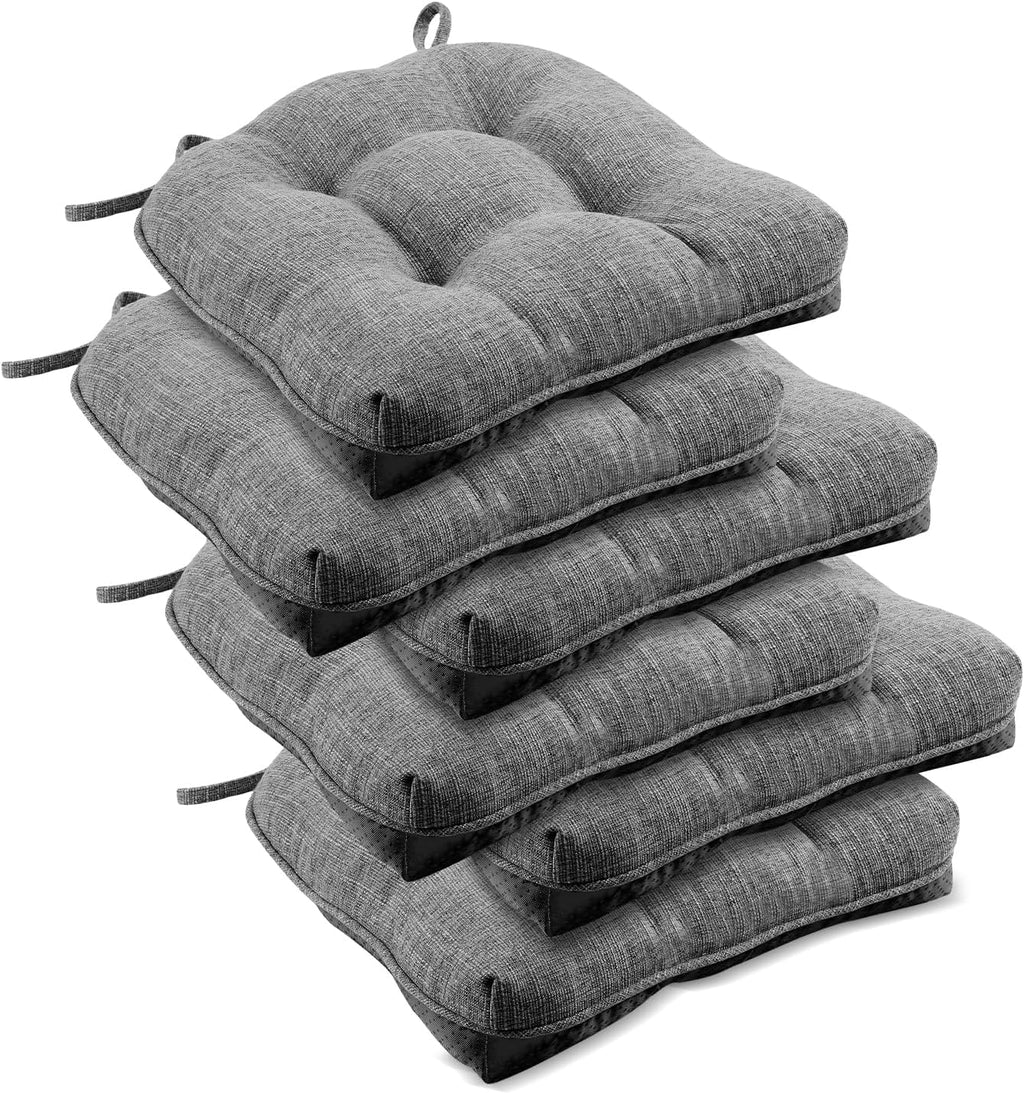 downluxe Indoor Chair Cushions for Dining Chairs, Tufted Overstuffed Textured Foam Kitchen Chair Pads with Ties and Non-Slip Backing, 15.5" x 15.5" x 4", Dark Grey, 6 Pack