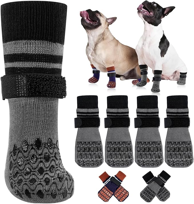 Kuoser Non Slip Dog Socks for Hardwood Floors,4Pack Anti-Slip Dog Grippy Socks to Prevent Licking Paws,Dogs Booties Paw Protectors with Double-Sided Traction for Small Medium Large Senior Dogs,Gray M