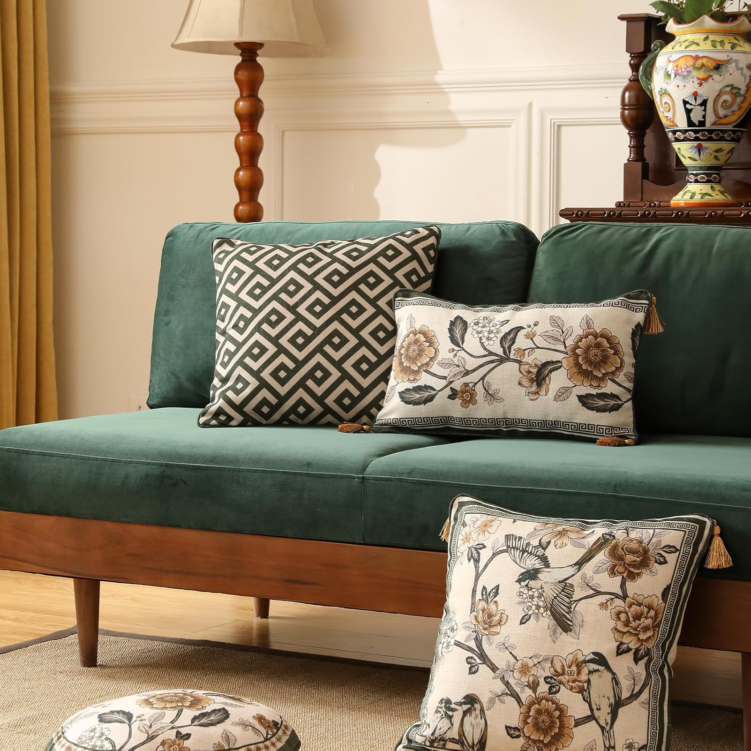 ISAENNE Design Linen Classic Vintage Throw Pillow Covers 18"x18", Minimalist Square Cushion Covers with Green Irregular Plaid Pattern Decor Pillowcases for Bed,Living Room,Outdoor,Car