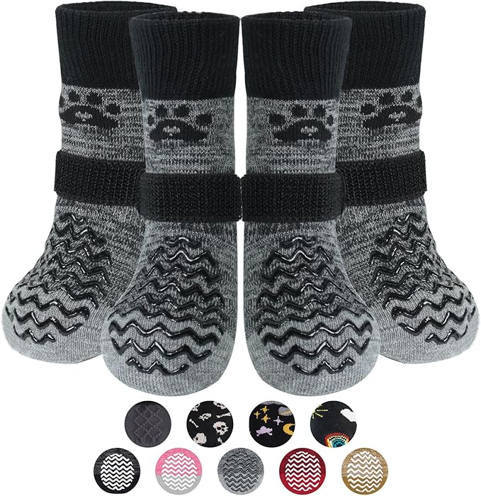 PUPTECK Anti Slip Dog Socks 2 Pairs with Double Grippers for Hardwood Floors, Shoes for Hot/Cold Pavement, Boots & Paws Protectors to Prevent Licking, Traction Booties for Senior Small Large Dogs