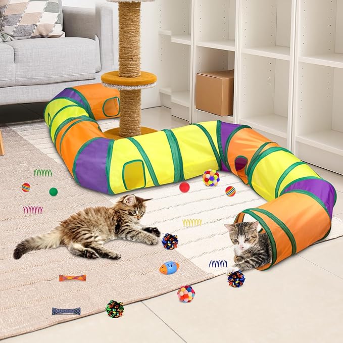 Retro Shaw Cat Tunnels with Cat Toys Pack, Interactive Kitten Toys for Indoor Cats Kitty, Kitten Tube Tent Feather Wand Teaser Bell Fuzzy Ball Springs Mouse (25 Pcs Extra Large Cat Tunnel Toys Set)