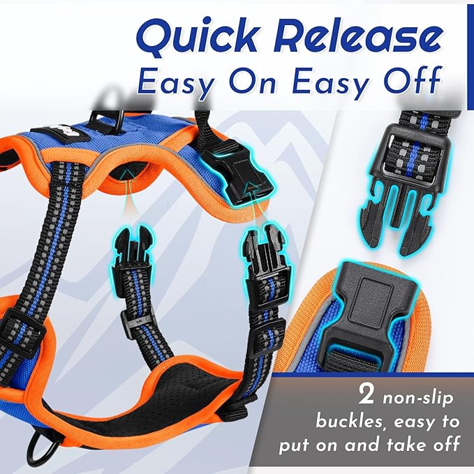 Eagloo Dog Harness for Large Dogs, No Pull Service Vest with Reflective Strips and Control Handle, Adjustable and Comfortable for Walking, No Choke Harness with 2 Metal Rings, Blue & Orange, M