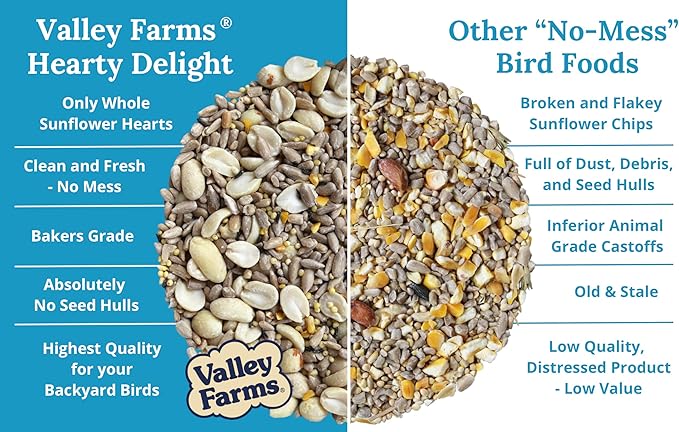 Valley Hearty Delight Wild Bird Food for Outside Feeders, No-Mess Wild Bird Seed with Sunflower Hearts & Peanut Kernels, Filler Free Bird Seed Perfect for Outdoor Patios, (4 LBS)