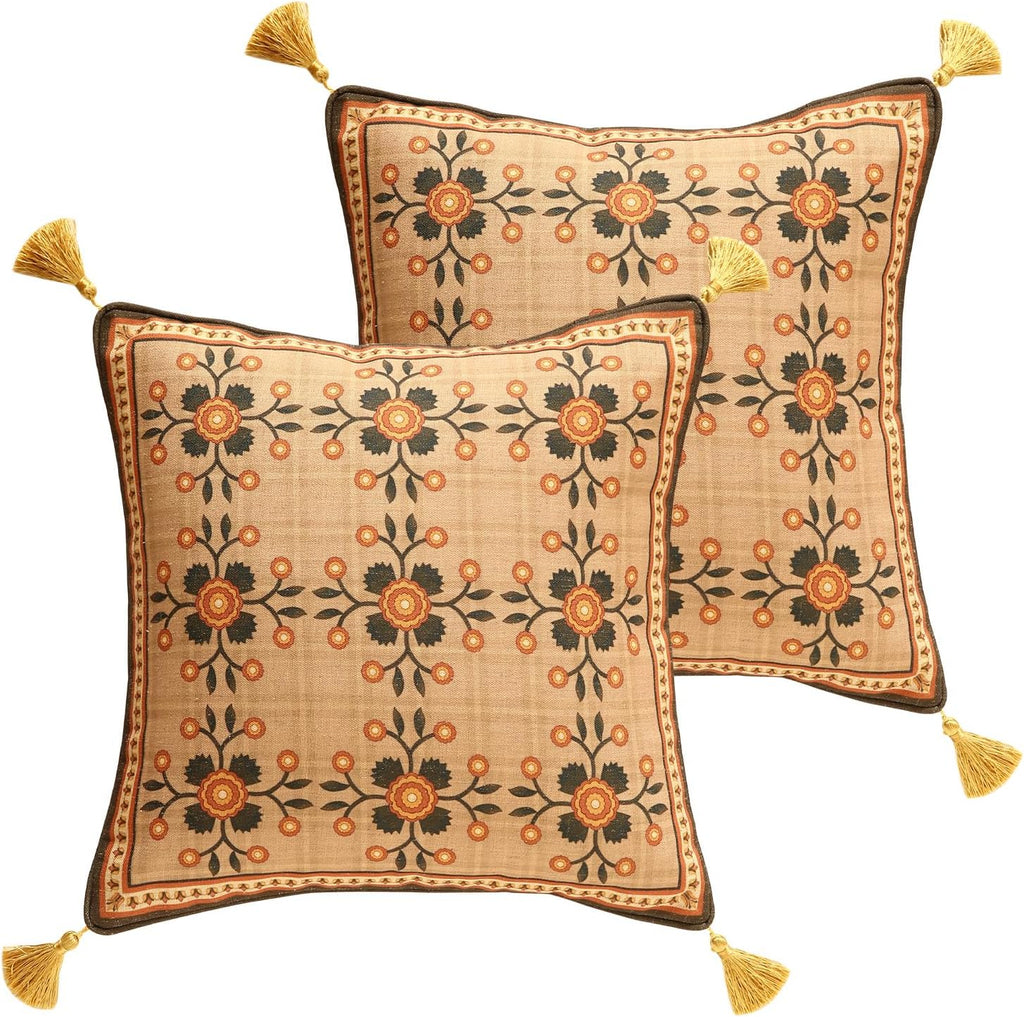 Brown Throw Pillow Covers Set of 2,Floral Farmhouse Linen Accent Pillows Cover for Couch Throw Pillows Case,Decorative Square Pillows for Couch Sofa Bed Chair Cushion Covers 18"x18"