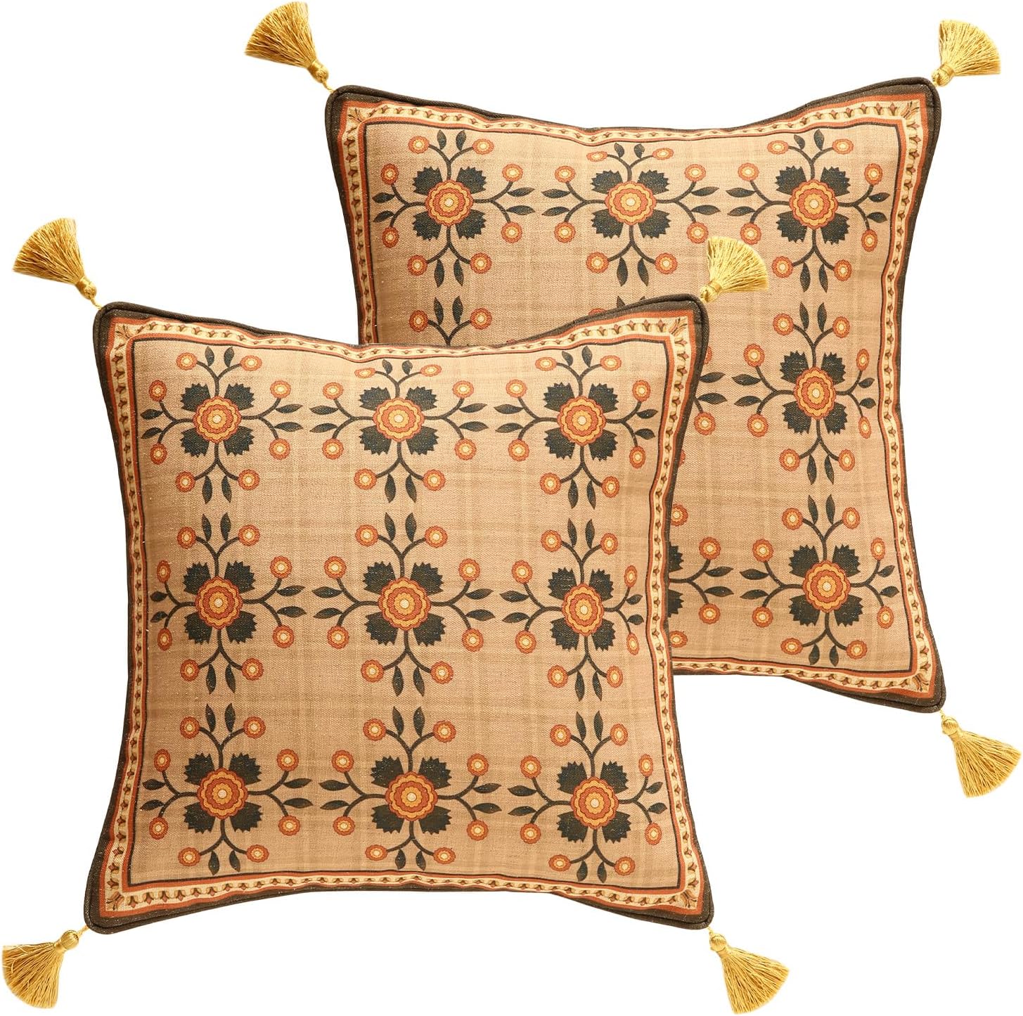 Brown Throw Pillow Covers Set of 2,Floral Farmhouse Linen Accent Pillows Cover for Couch Throw Pillows Case,Decorative Square Pillows for Couch Sofa Bed Chair Cushion Covers 18"x18"