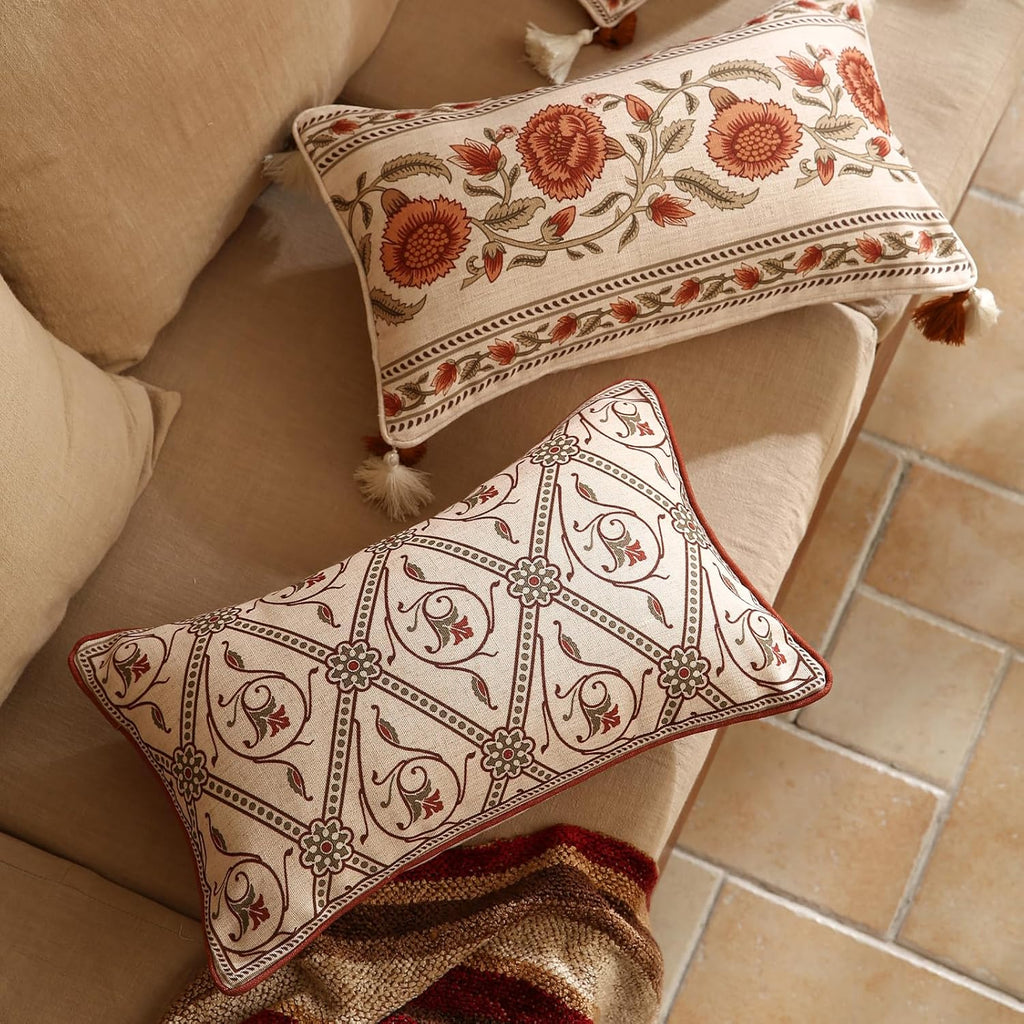ISAENNE Design Linen Lumbar Vintage Throw Pillow Covers 12"x20",Red Euro Cushion Covers with Orange Floral Green Leaves Pattern Decor Pillowcases for Bed,Living Room,Outdoor,Car