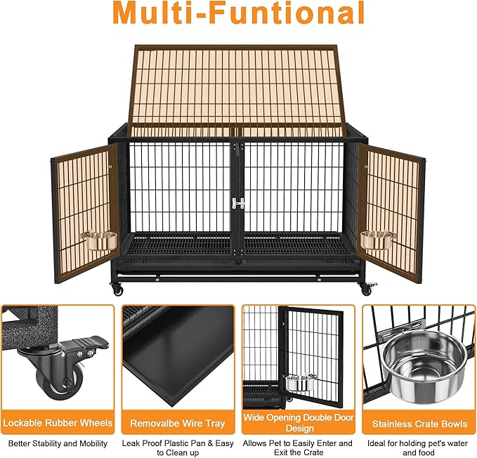 48/43 inch Heavy Duty Dog Crate with Divider for Large Dogs, Stackable Dog Kennels and Metal Wire Cages with Feeding Bowls, Leak-Proof Pans, Removable Wire Trays, Extra Large XL XXL
