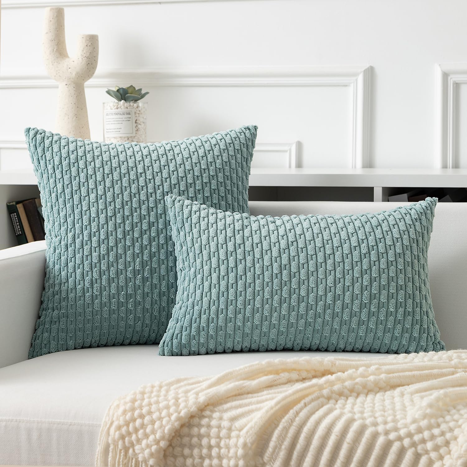 Kevin Textile 12x20 Inch Pillow Cover 1 Pack Boho Decorative Soft Striped Corduroy Lumbar Farmhouse Accent Rectangle Cushion Case for Living Room Couch Sofa Bed, Dusty Green