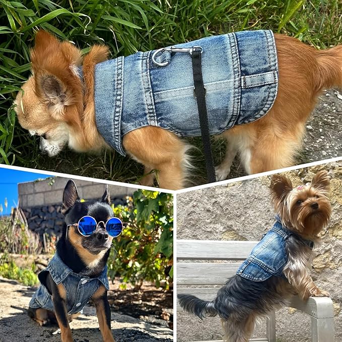 Puppy Clothes for Small Dogs Boy,Classic Western Denim Dog Coat ,Dog Jeans Jacket with Leash D-Ring,Pet Cat Costumes ,Cooling Harness Vest for Walking (Blue, Small)