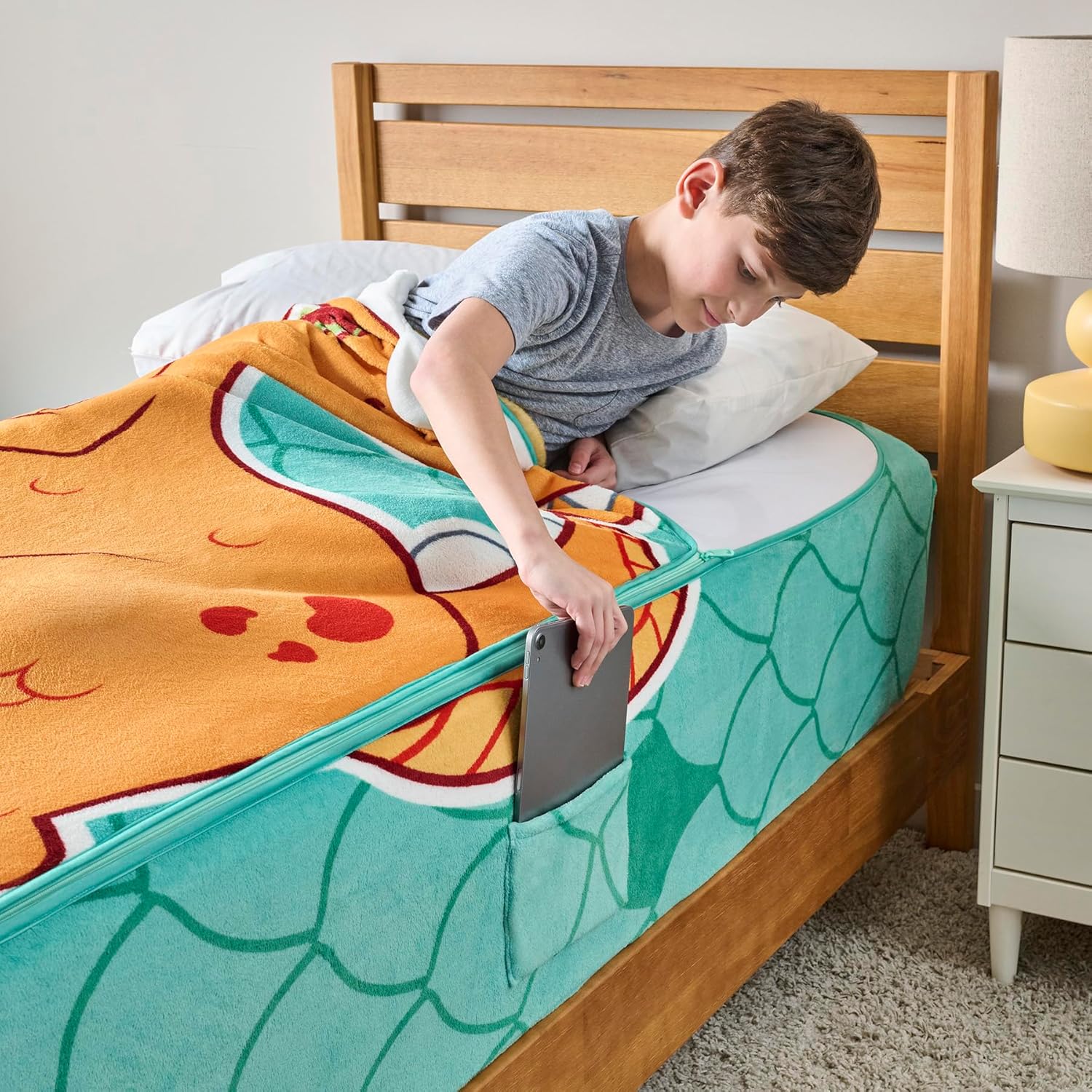 ZippySack Twin Bed Zip-Up Bedding – Super Soft Fleece Fitted Blanket with Side Pocket & Durable Zipper – Easy Bed-Making for Kids (Dinosaur)
