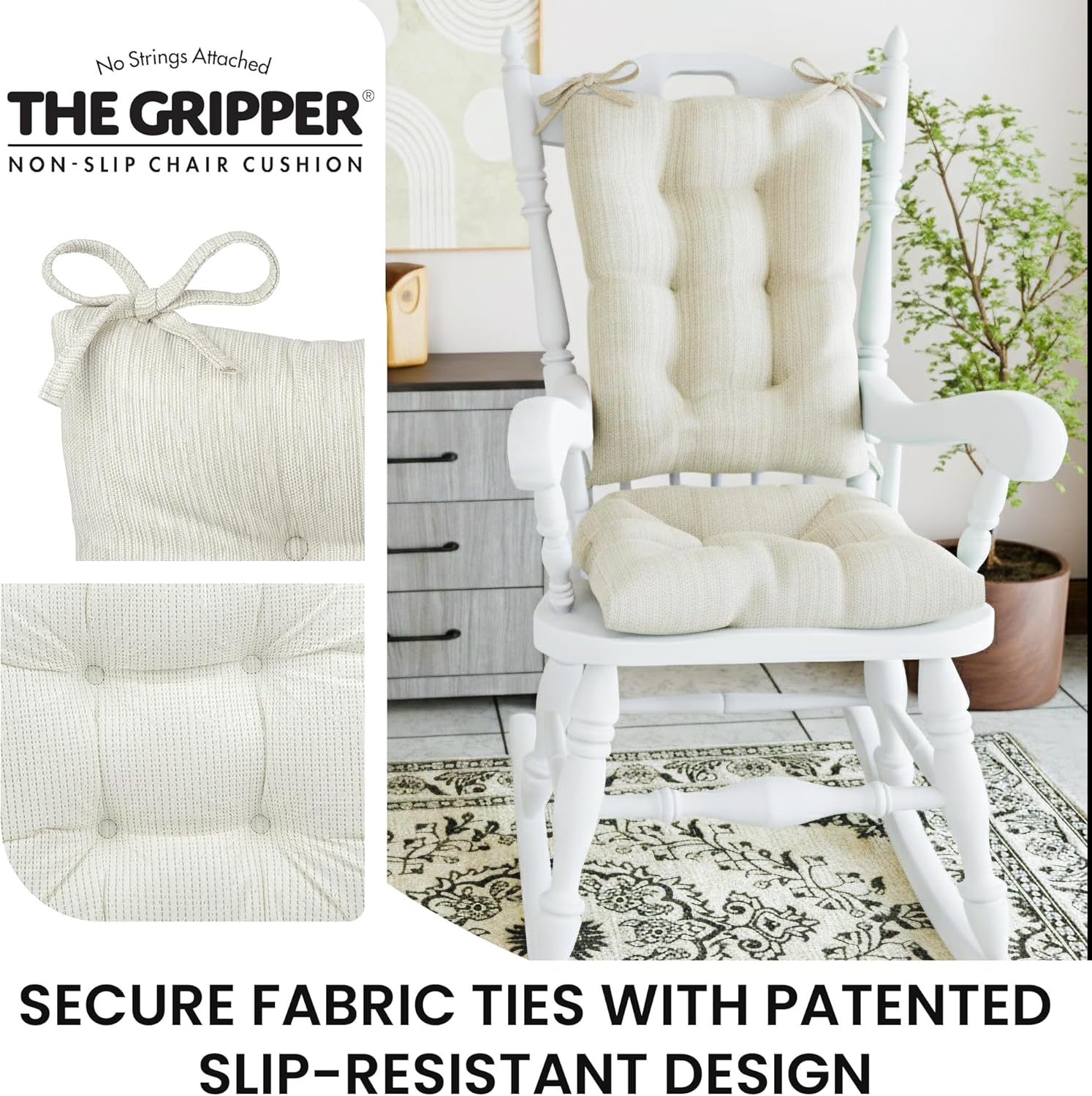 Klear Vu Omega Non-Slip Rocking Chair Cushion, Assembled in USA, Thick Tufted Design, Includes Seat Pad & Back Pillow with Ties, 17x17 Inches, 2-Piece Set, Solid Ivory