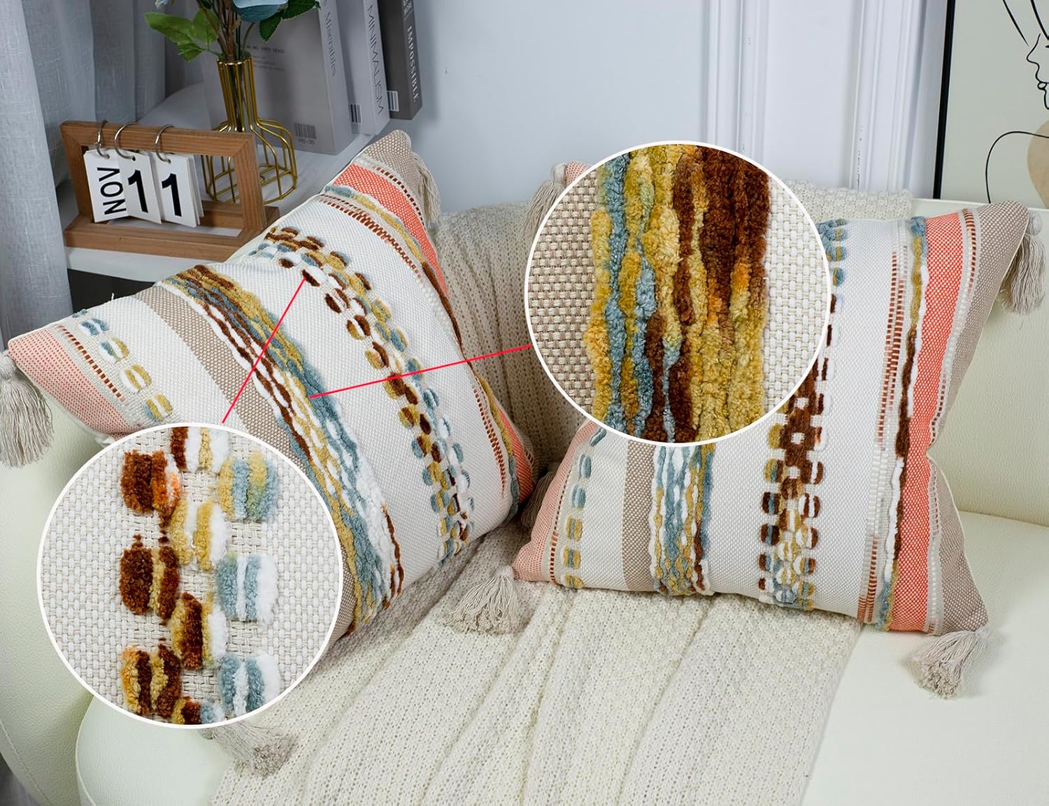 PANOD Chenille Farmhouse Throw Pillow Covers 18 x 18 Orange, Neutral Boucle Couch Pillow Cover, Striped Decorative Boho Coushion Cover Pillow Case for Couch Bed Sofa Bedroom,Modern Accent,Set of 2