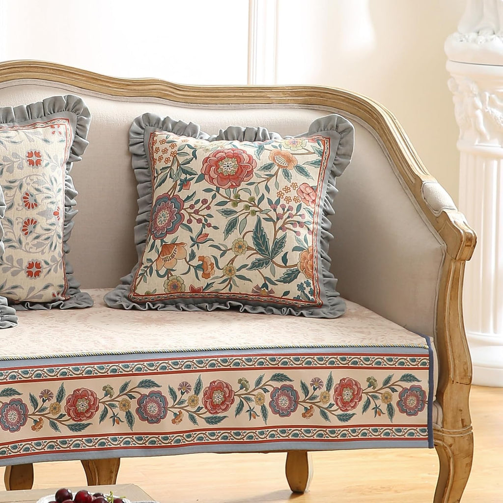 Floral Throw Pillow Covers Set of 2,Cottage Rustic with Blooming Flower Pattern Linen Pillowcases,Decorative Square Pillows Cushion Covers for Couch Sofa Bed Chair Car,18x18 Inches