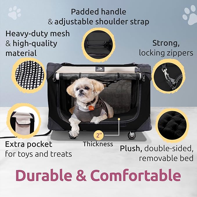 Large Pet Carrier on Wheels. Holds 2 Cats or Medium Dog. Rolling, Soft Sided Cat Carrier & Dog Crate for Travel. Collapsible, Portable Cat Bag with Soft Bed, Top & Side Loading, Locking Zippers
