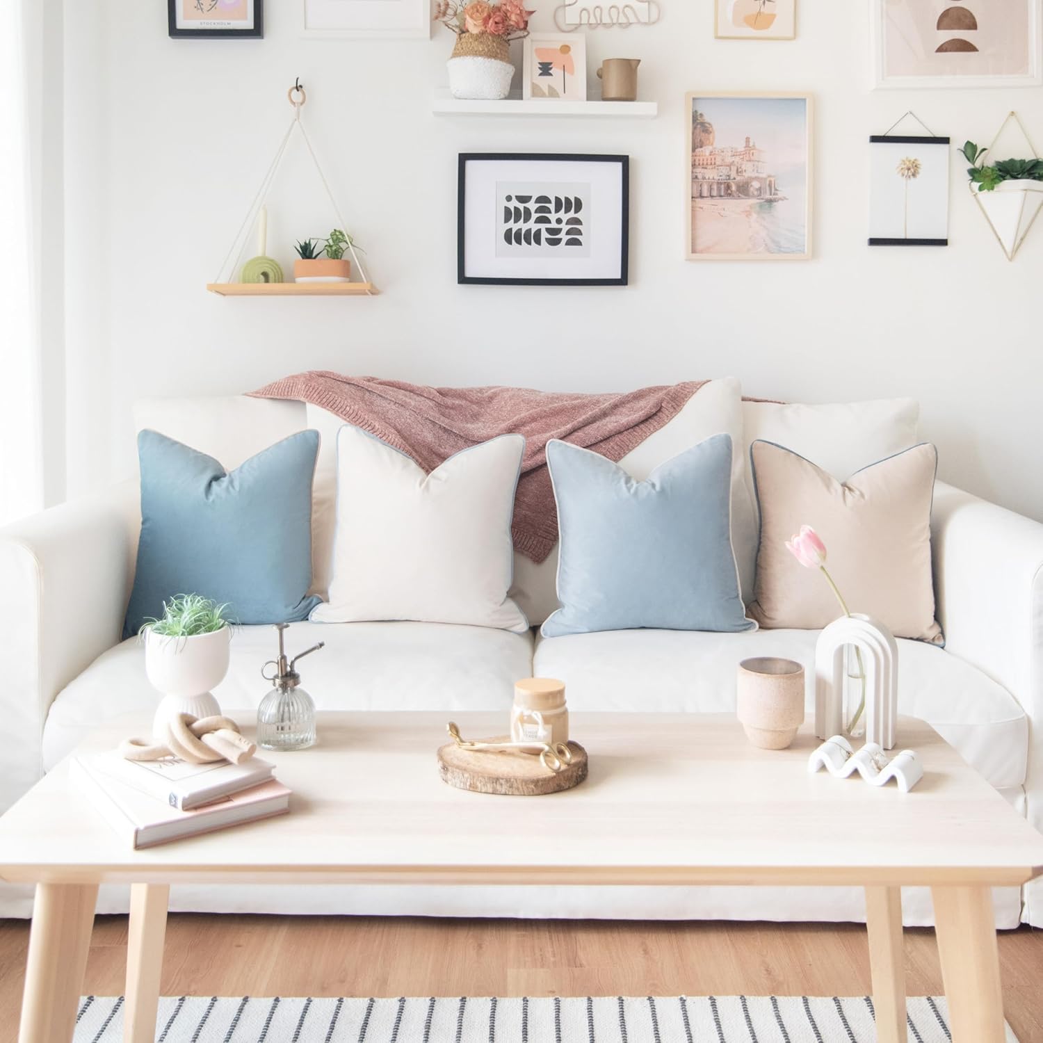 MONDAY MOOSE Decorative Throw Pillow Covers Cushion Cases, Set of 4 Soft Velvet Modern Double-Sided Designs, Mix and Match for Home Decor, Pillow Inserts Not Included (16x16 inch, Beige/Light Blue)