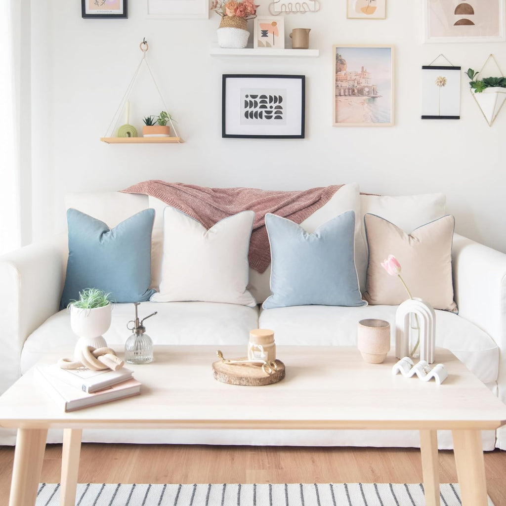 MONDAY MOOSE Decorative Throw Pillow Covers Cushion Cases, Set of 4 Soft Velvet Modern Double-Sided Designs, Mix and Match for Home Decor, Pillow Inserts Not Included (18x18 inch, Beige/Light Blue)