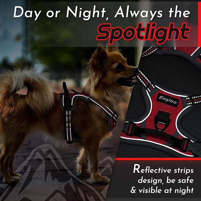 Eagloo Small Dog Harness No Pull, Service Vest with Reflective Strips and Control Handle, Adjustable and Comfortable for Easy Walking, No Choke Pet Harness with 2 Metal Rings, Red, XS