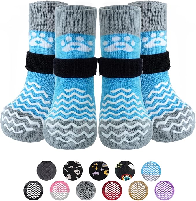 PUPTECK Anti Slip Dog Socks 2 Pairs with Double Grippers for Hardwood Floors, Shoes for Hot/Cold Pavement, Boots & Paws Protectors to Prevent Licking, Traction Booties for Senior Small Large Dogs