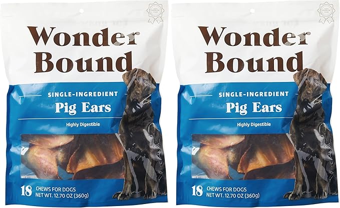 Amazon Brand - Wonder Bound Whole Pig Ears, Single Ingredient, Highly Digestible, Dog Treats for Puppy and Large/Medium Dogs, Pork, 18 Count, 12.7 Ounce (Pack of 2)