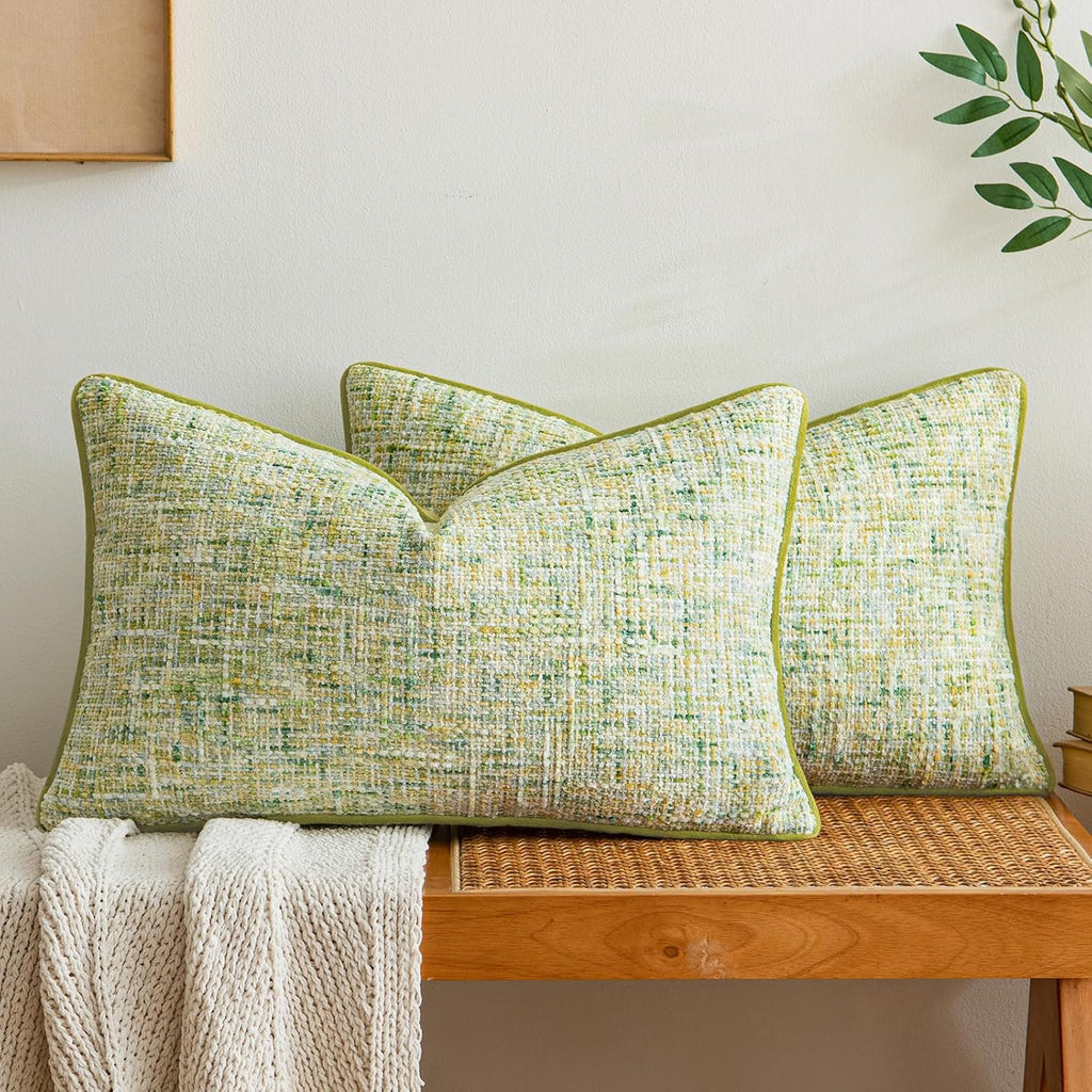a moment Green Reversible Pillow Covers 2 Pack - Farmhouse Chenille Throw Pillows, Neutral Textured Decorative Throw Pillow Covers with Border for Couch Sofa Bed (12x20 Inch, No Insert)