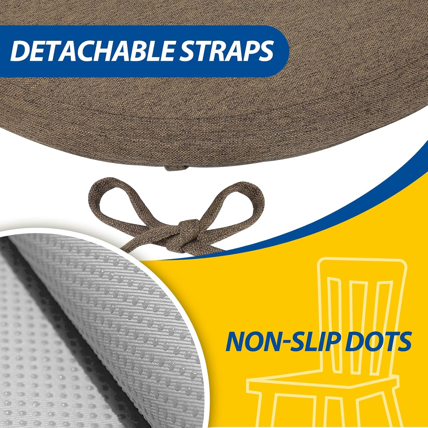 AAAAAcessories D-Shaped Chair Cushions, 2" Thick Dining Chair Pads with Ties and Removable, Machine-Washable Cover, 17" x 16", Set of 2, Taupe