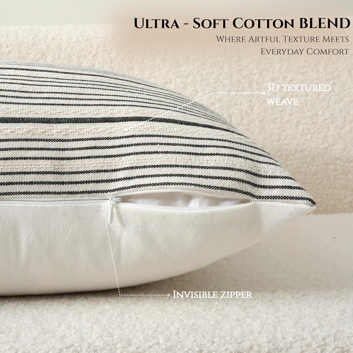 DWR Striped 3D Textured Weave Throw Pillow Covers 18x18 Set of 2, Polyester Cotton Blend in Black, Modern Farmhouse Decorative Pillow Cases for Couch Sofa Bed Living Room