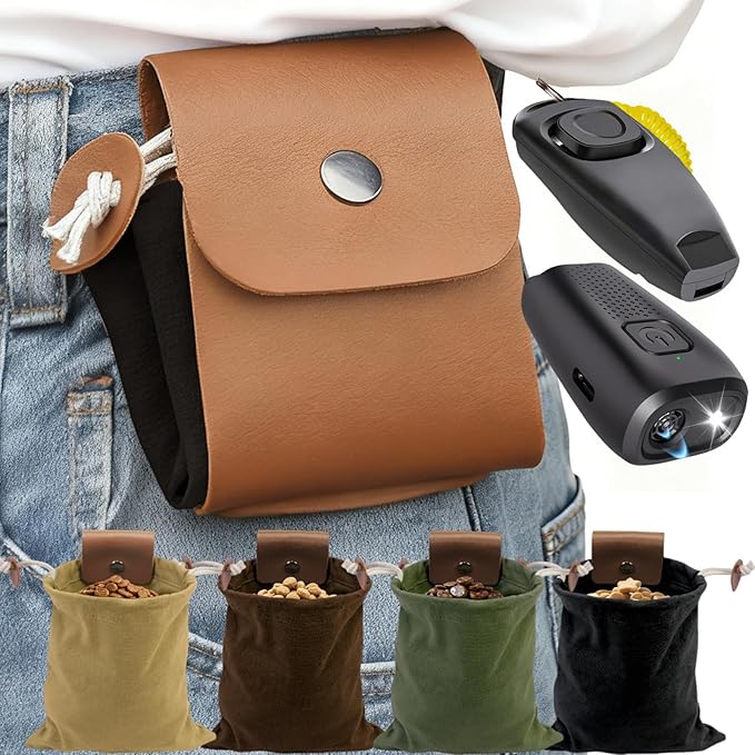 Dog Treat Pouch with Anti Barking Device, Training Clicker & Whistle – Stylish, Portable, Large-Capacity Foldable Pet Training Pouch with Elastic Belt for Outdoor Use/Pet Training (Black)
