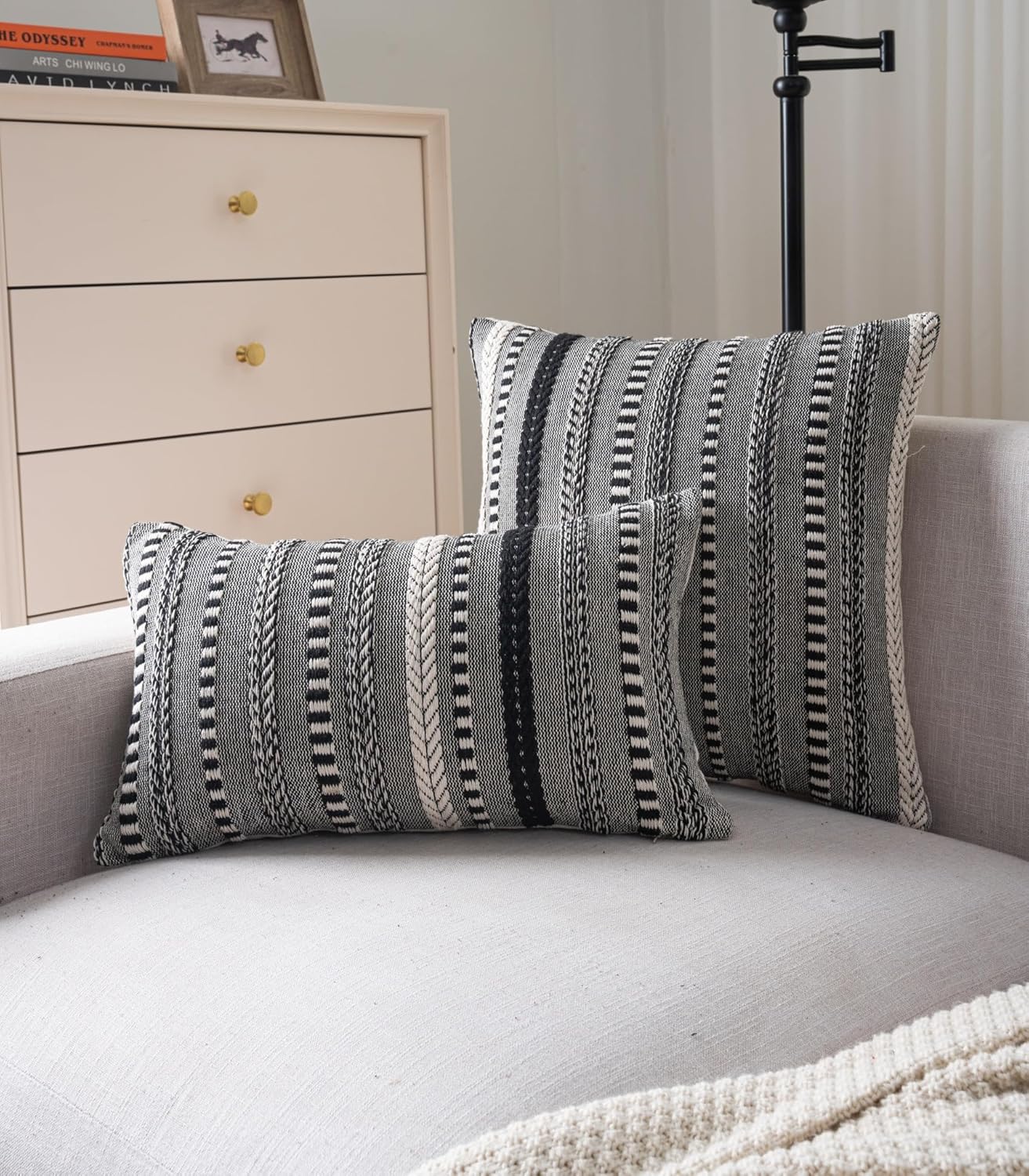 Boho Throw Pillow Covers 12x20 Inch Set of 2, Farmhouse Decorative Couch Pillow Cases, Black Accent Pillows of Bed, Sofa Bedroom Living Room Home Decor Cushion Cover