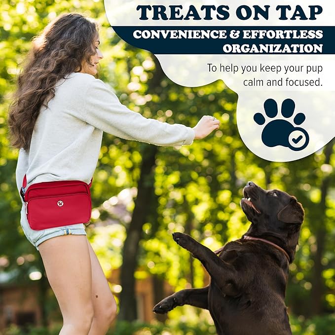 Puppington 3-in-1 Crossbody Dog Walking Bag & Treat Pouch with Matching Planet Safe Poop Bags & Built-In Dispenser - Dog Mom Gift for Puppy Training with Zippered Pockets (Ruby Red)