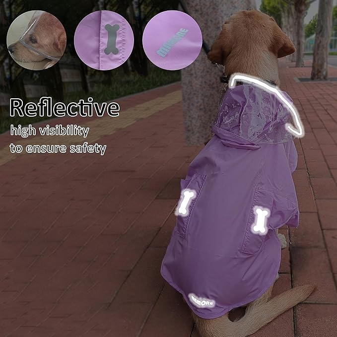 Waterproof Dog Raincoat, Adjustable Reflective Lightweight Pet Rain Clothes with Poncho Hood(Medium, Light Purple)
