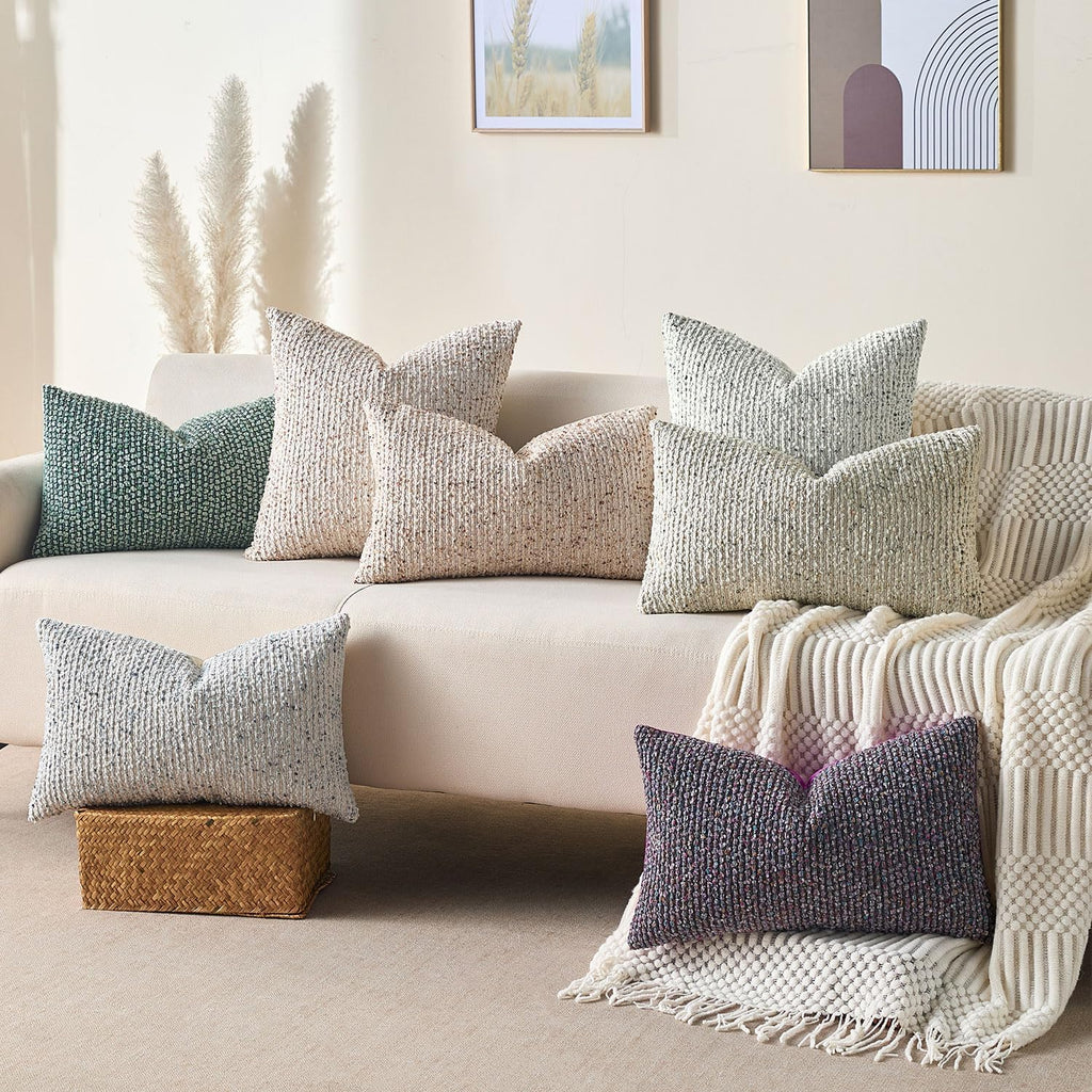 Decorative Couch Throw Pillow Covers 18x18 Cream Gray Striped Soft Wool Pillow Covers Neutral Textured Boho Cushion Covers for Modern Farmhouse Sofa Bedroom Living Room Decor SY011-B18