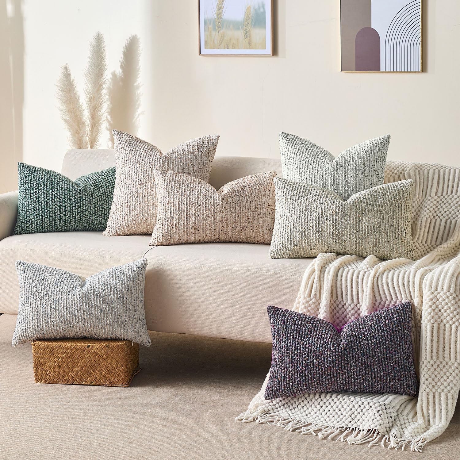 Decorative Lumbar Pillow Cover 12x20 Cream Gray Striped Soft Wool Lumbar Throw Pillow Neutral Textured Boho Cushion Covers for Modern Farmhouse Sofa Bedroom Living Room Decor SY011-B12