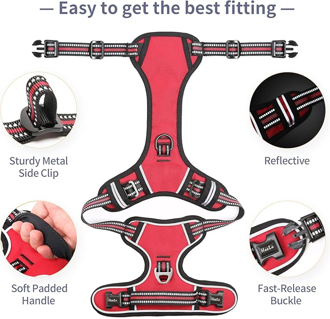 HEELE Dog Harness Medium No Pull Vest Harness Adjustable Reflective and Durable for Outdoor Training, Red, M