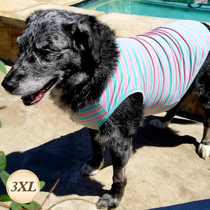 KYEESE 2Pack Dog Shirts Striped T Shirt for Large Dogs Lightweight Clothes Sleeveless Vest Cotton Tank Top, XXX-Large,Pink+Striped