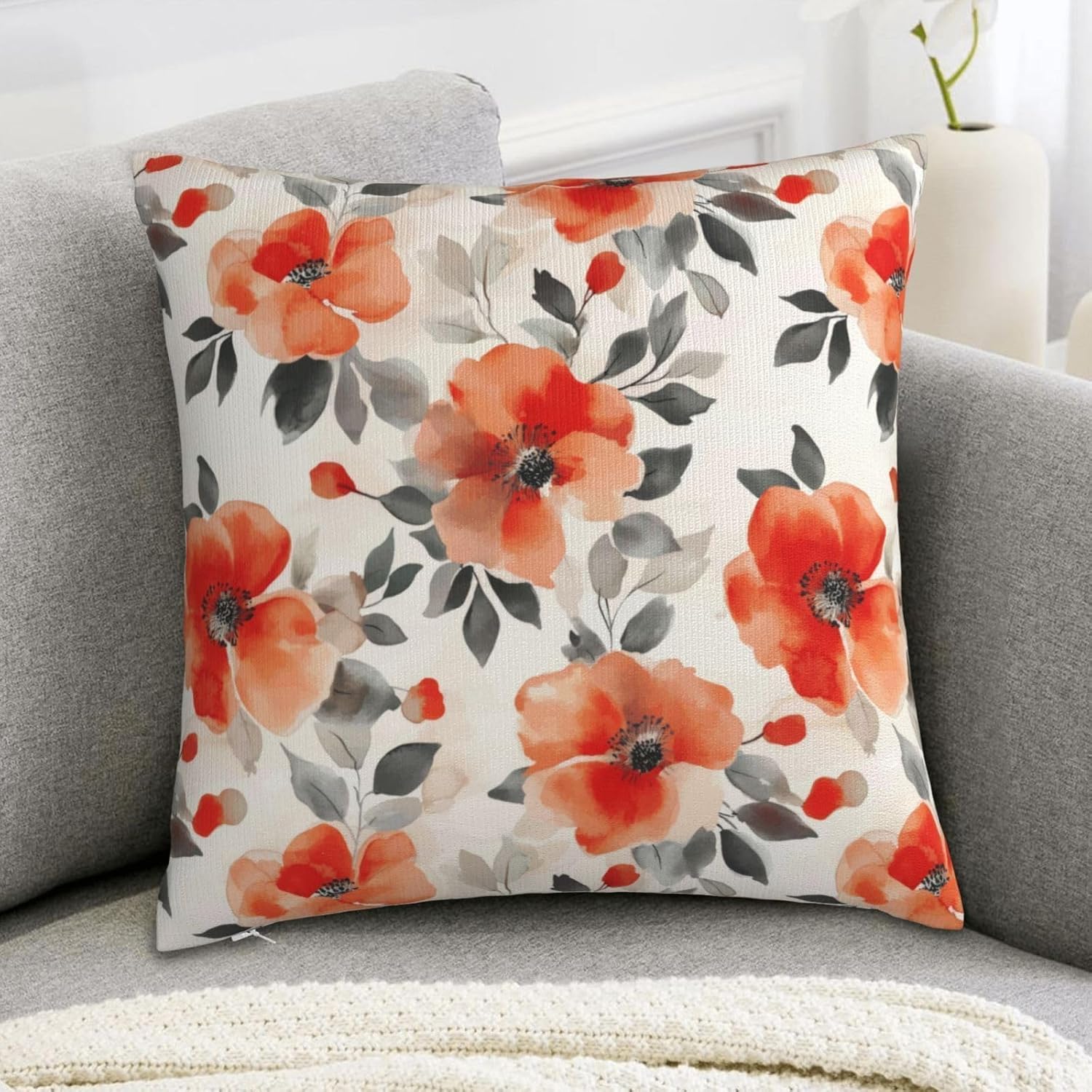 Fall Burnt Orange Floral Throw Pillow Covers 18x18 Inch Set of 2, Black Beige Watercolor Flowers Pillow Cushion Cases, Modern Decorative Square Pillowcases for Couch Sofa Bedroom Living Room Decor