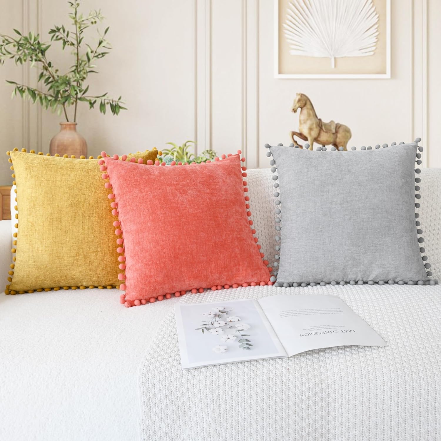 CaliTime Throw Pillow Covers Decorative 16 X 16 Inches Pack of 2 Cozy Solid Dyed Soft Chenille Cushion Cases with Pom Poms for Couch Sofa Bed Living Room Home Gold