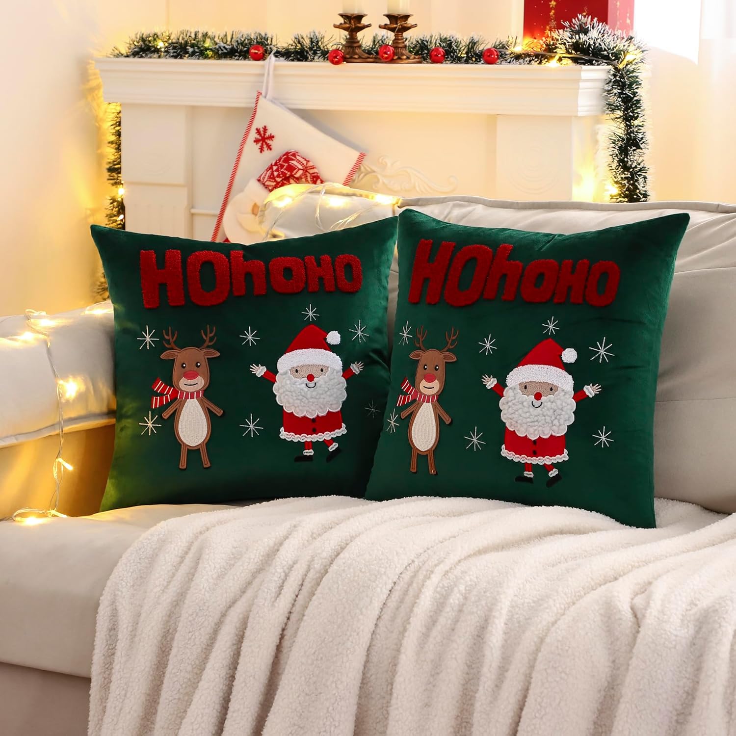 LUOYEHK Christmas Pillow Covers 18x18 Set of 2 Cute Santa Claus and Reindeer Decorative Green Pillow Cases Winter Holiday Velvet Embroidered Cushion Covers for Couch Sofa Bed