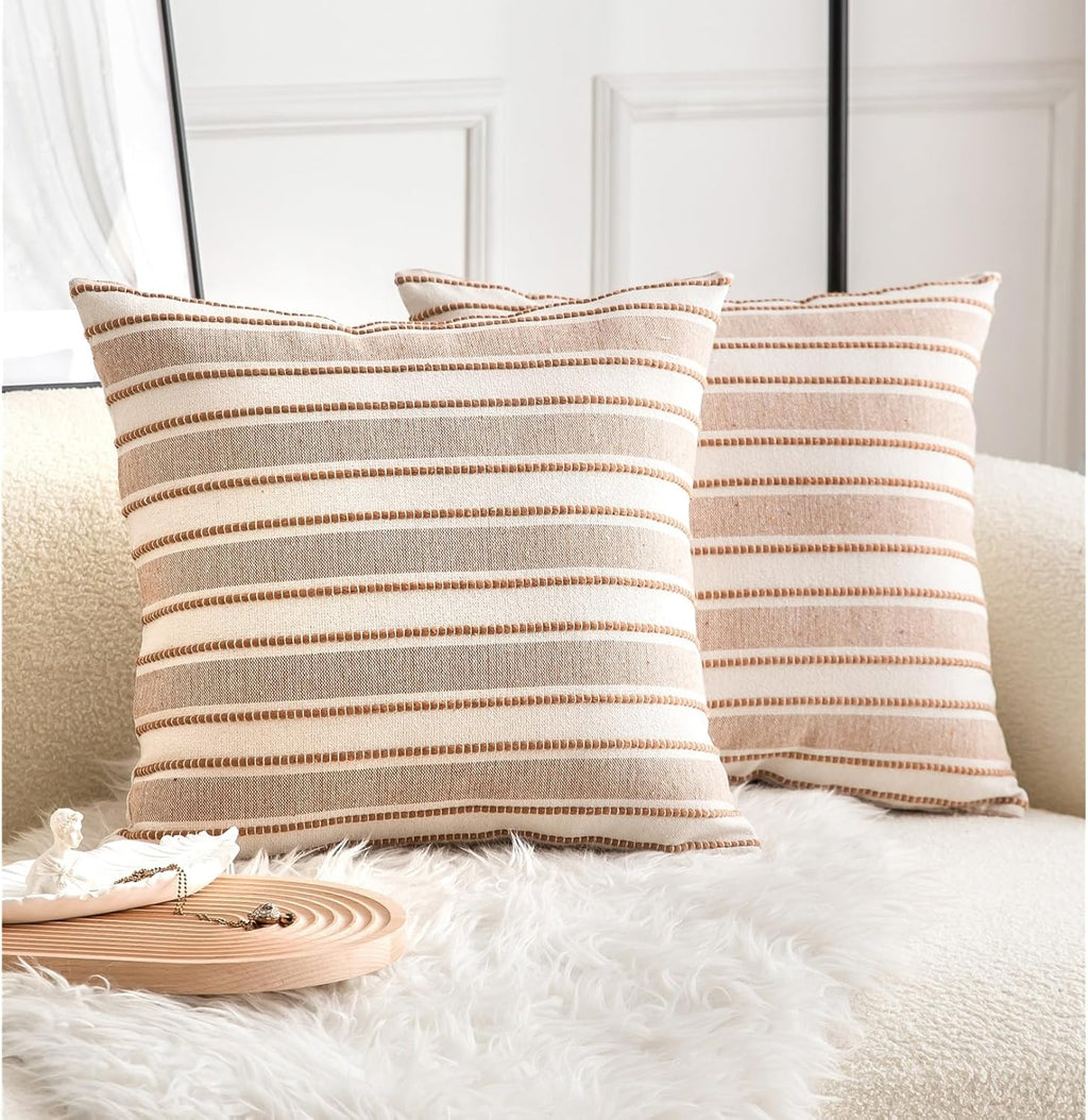 Decorative Boho Throw Pillow Covers, Farmhouse Textured Pillow Case, 22 x 22 Inch Set of 2, Chair Sofa Bedroom Living Room Home Decor Couch Cushion Case, Brown and Beige Striped