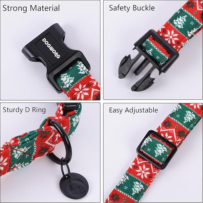 DOGWONG Christmas Cotton Dog Collar, Red Green Stripe Christmas Dog Collar Durable Soft Pet Collars Cute Red Necklace for Large Dogs,XL