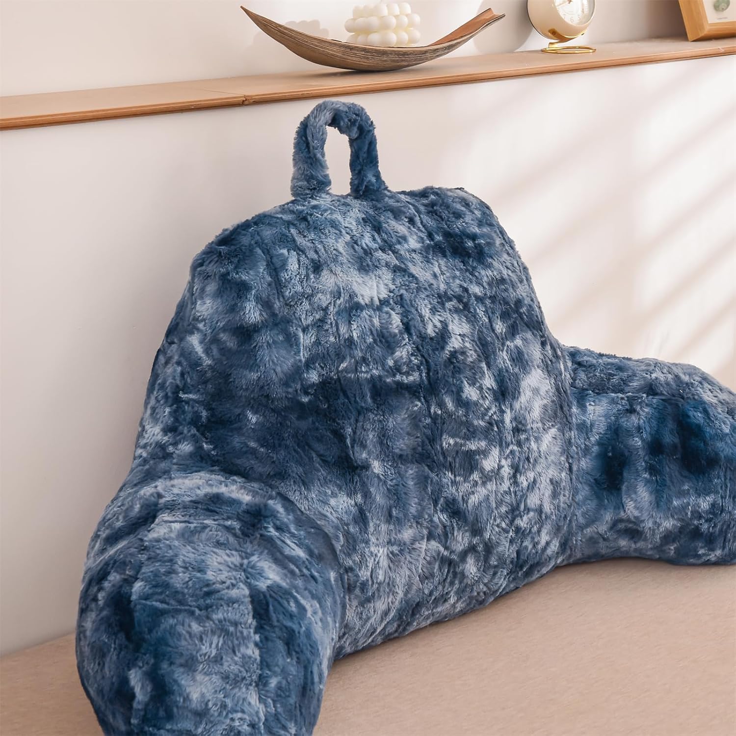 A Nice Night Faux Fur Soft Reading Pillow Bed Wedge Adult Backrest with Arms Back Support for Sitting Up in Bed/Couch for Bedrest,Tie Dyed Navy,Large