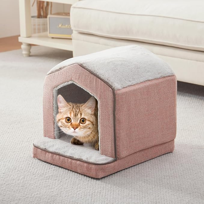 Orthopedic Cat Houses for Indoor Cats,Small Dogs,Super Soft Cat Bed Cave,Condos, Cubes,Cat Hideaway,Covered,Cat Bed for Kitty Small Medium Large Pet (Pink, 18" L x 15" W x 17" Th)