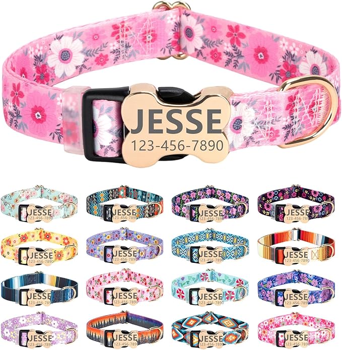 Moonpet Personalized Custom Customized Dog Collar with Engraved ID Dog Name and Phone Number on Bone Buckle/Heavy Duty Adjustable Dog Collars for Puppy X-Small Small Medium Large X-Large Boy Girl Dogs