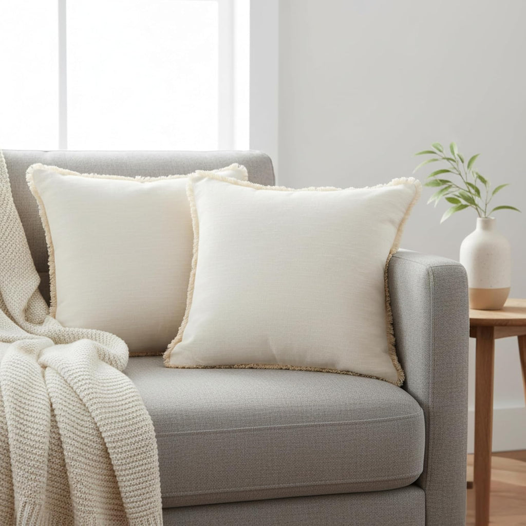 20×20 Cream White Cotton Throw Pillow Covers with Decorative Fringe Boho Farmhouse Beige Cushion Covers with Tassels Linen Like Textured Accent Pillowcases for Bed Chair Sofa Living Room Set of 2