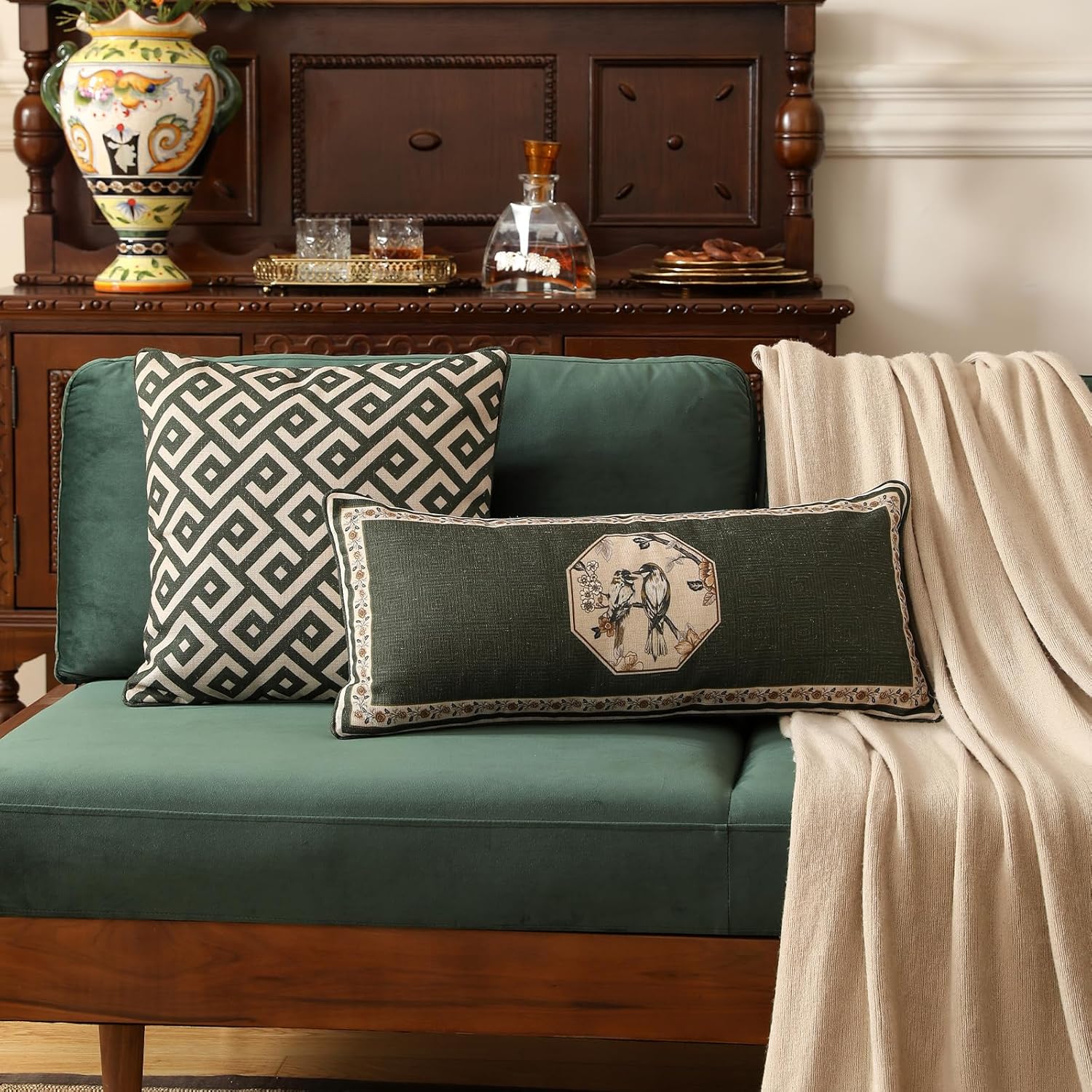 ISAENNE Design Linen Chinoiserie Lumbar Throw Pillow Covers 12"x28", Farmhouse Cushion Covers with Yellow Floral Birds Pattern Decoration Pillowcases for Bed,Living Room,Outdoor,Car