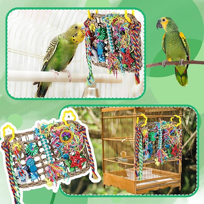 Liliful 2 Pieces Bird Foraging Toys for Parakeets Cockatiel Conures Lovebirds Foraging Shredding Seagrass Wall with Colorful Chewing Toys